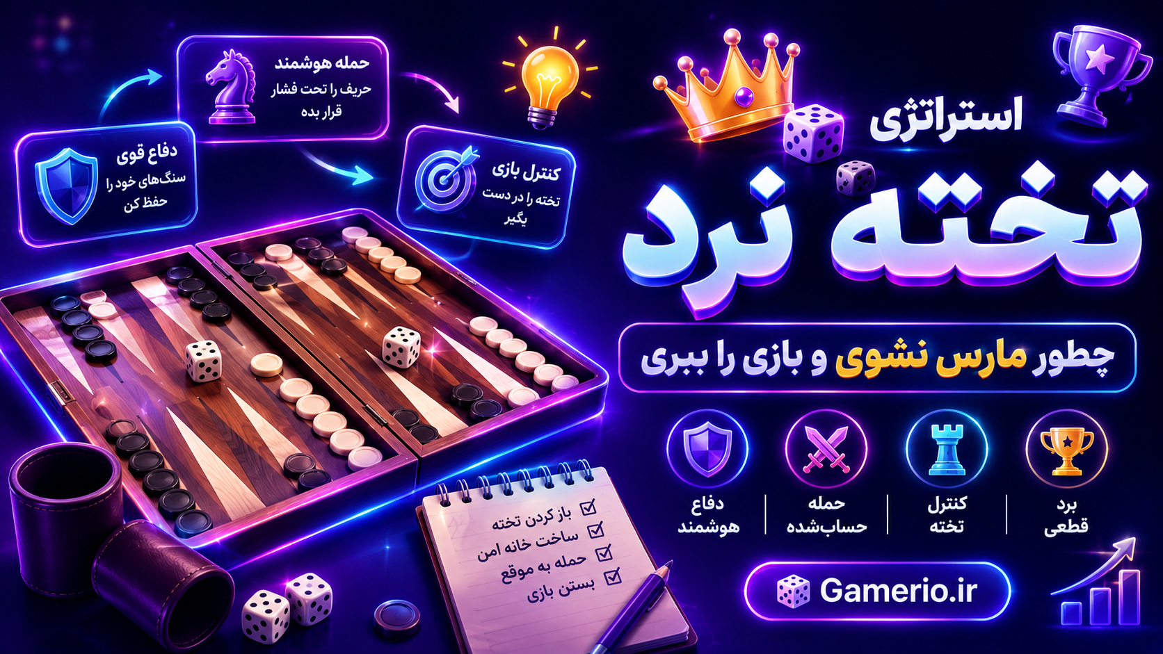 تختهٔ نرد چوبی با دو تاس و مهرههای چیدهشده، نمای بالا برای آموزش استراتژی تخته نرد