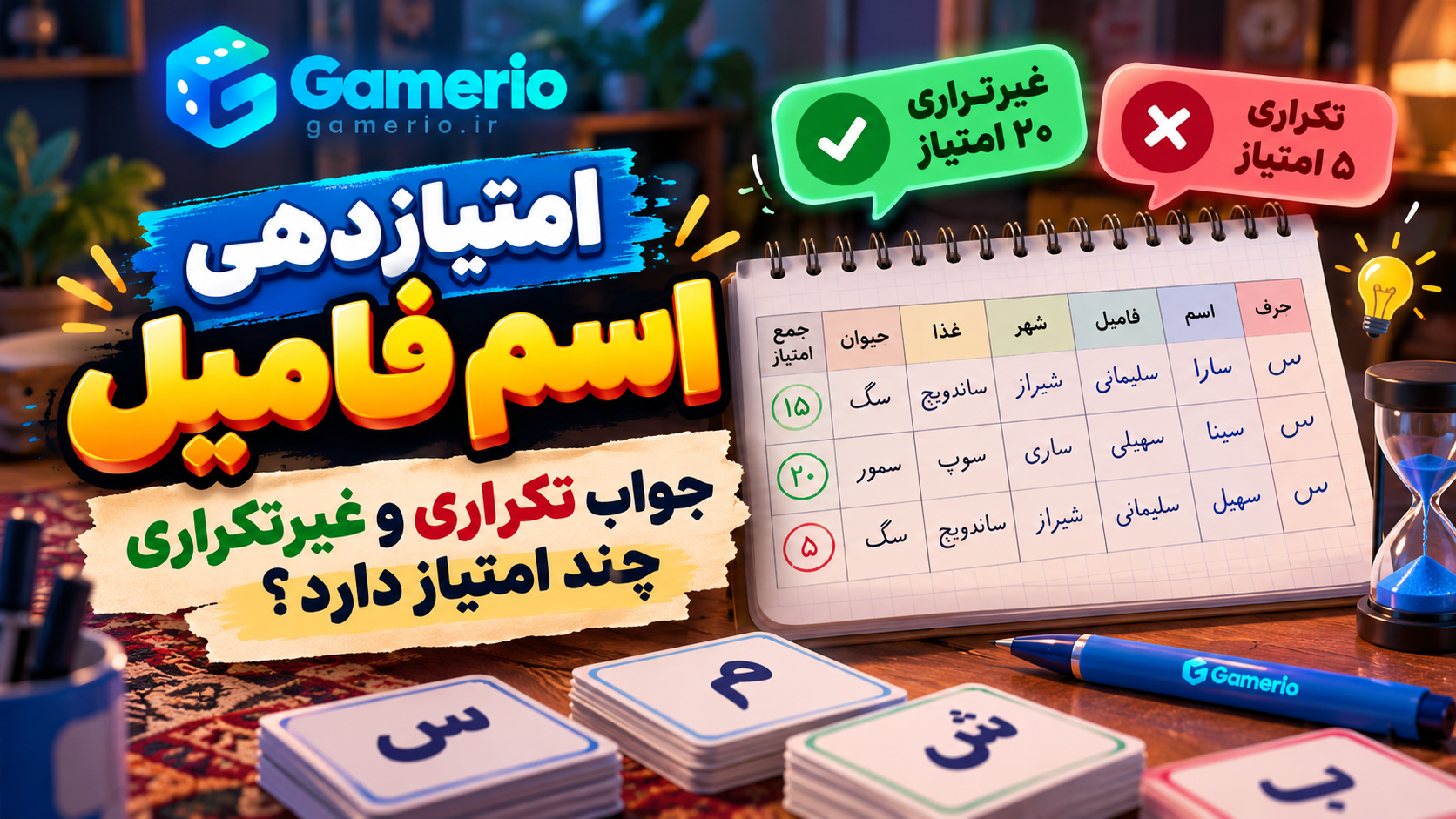 محاسبه امتیاز پاسخ‌های تکراری و غیرتکراری در اسم فامیل